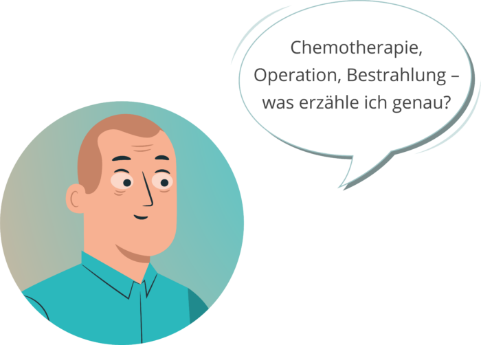 Illustration eines Mannes und einer Sprechblase: Chemotherapie, Operation, Bestrahlung - was erzähle ich genau?