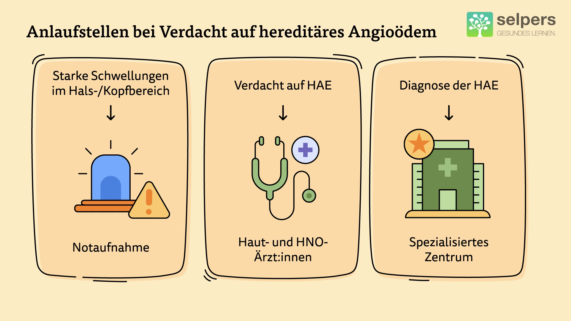 Anlaufstellen bei Verdacht auf hereditäres Angioödem: Notaufnahme, Haut- und HNO-Ärzt:innen, spezialisierte Zentren